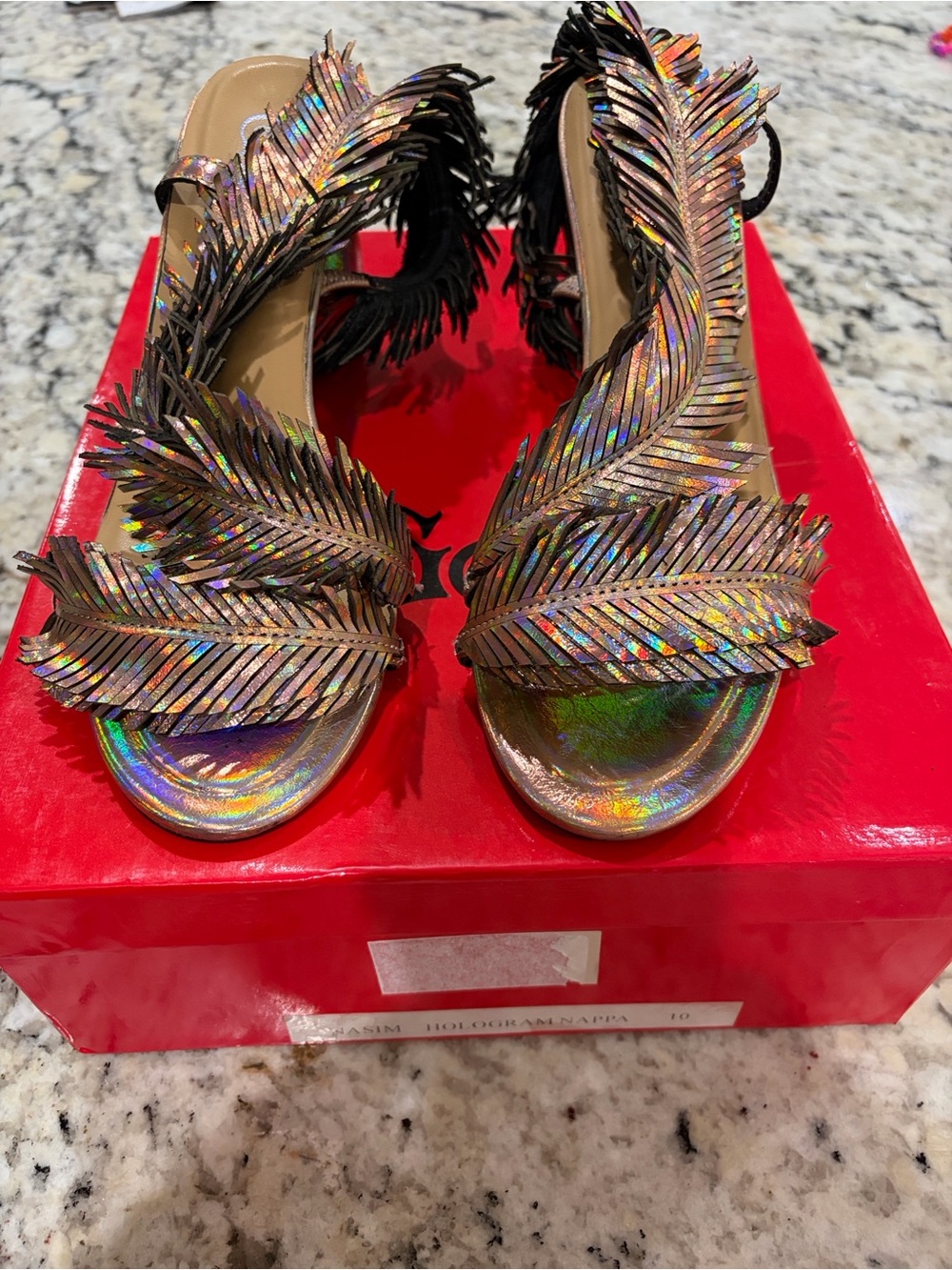 Golo Sz10 Iridescent Feather-Trim Sandals in Bronze Holographic